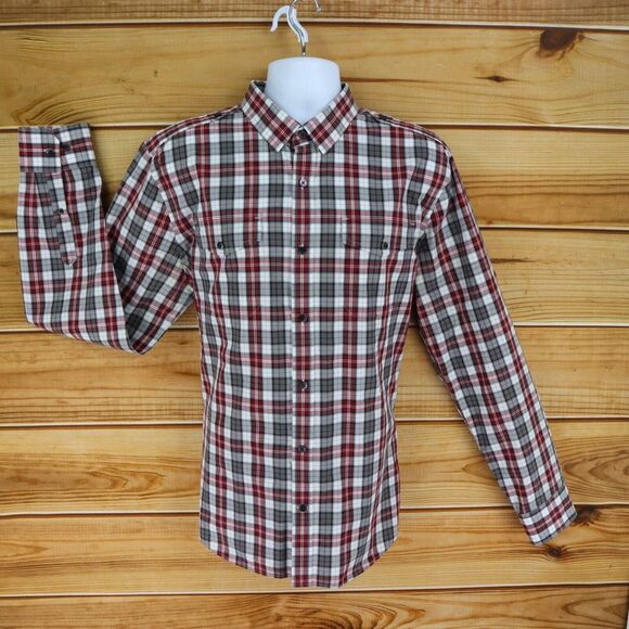 Express Other - Express Button Up Shirt Fitted Men Size XL Burgundy Gray White Plaid Long Sleeve
